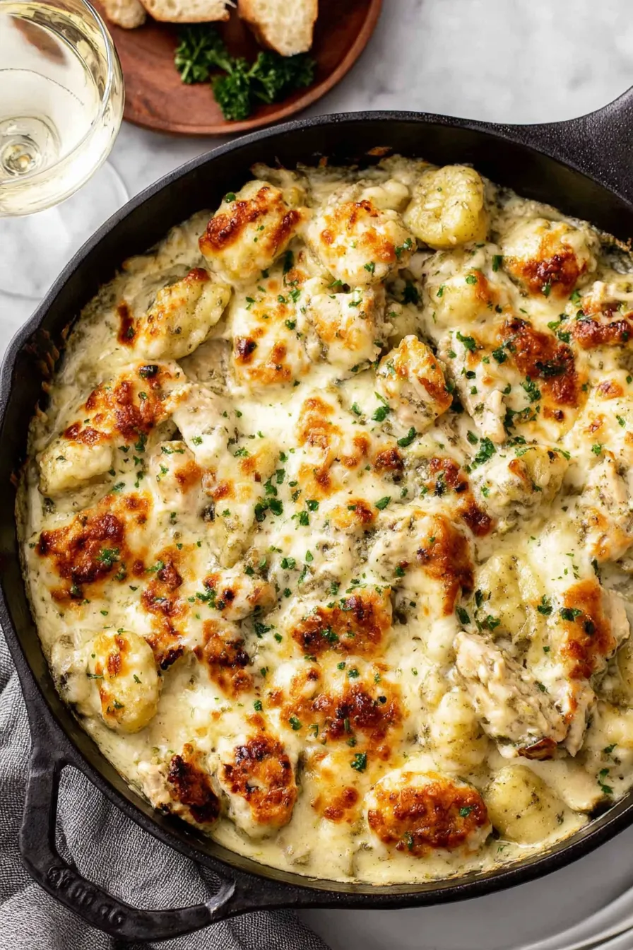 Pesto chicken gnocchi in skillet, bubbling with melted cheese