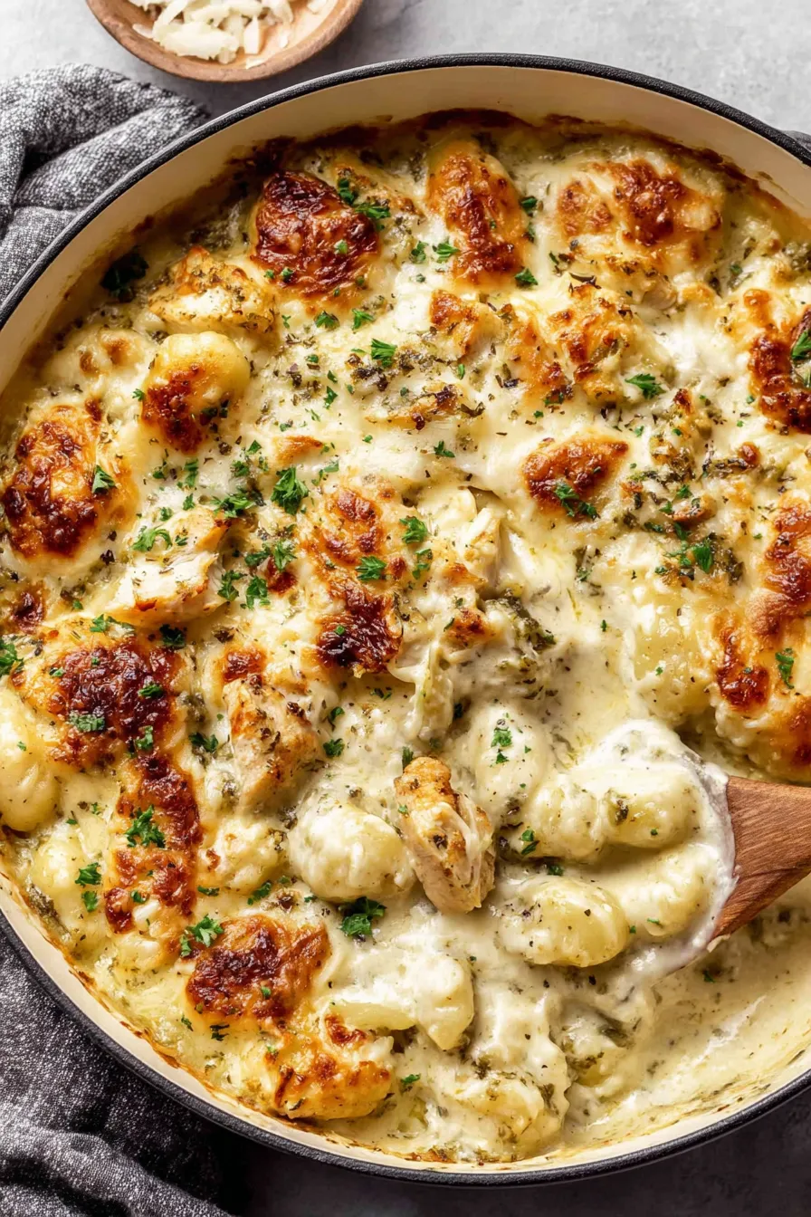 Close-up of golden-brown cheese topping on pesto gnocchi bake