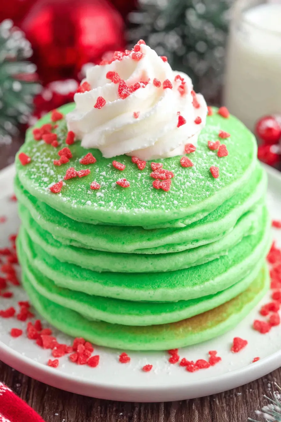 Stack of green Grinch pancakes with cream cheese glaze