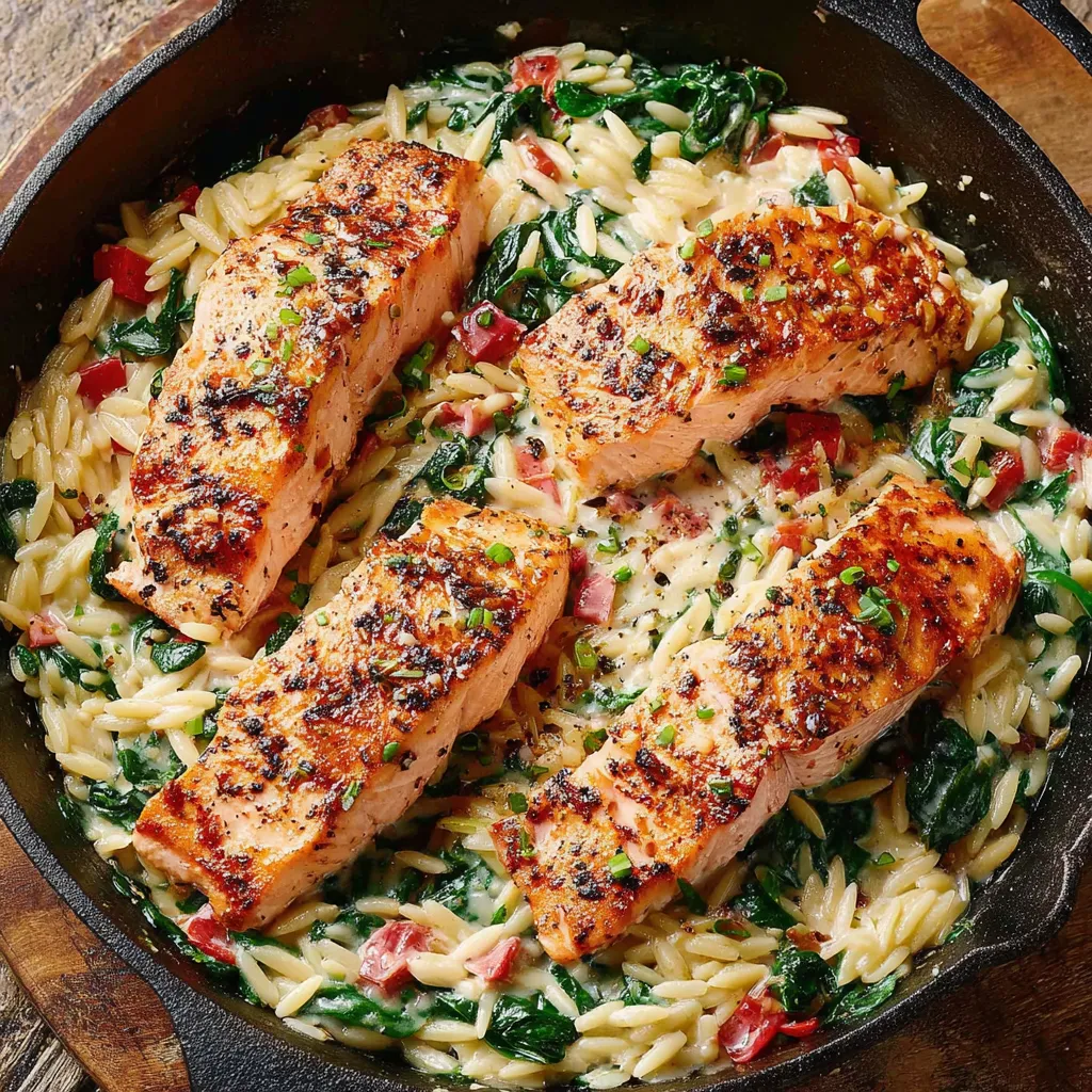 Pan-Seared Salmon with Creamy Spinach Orzo