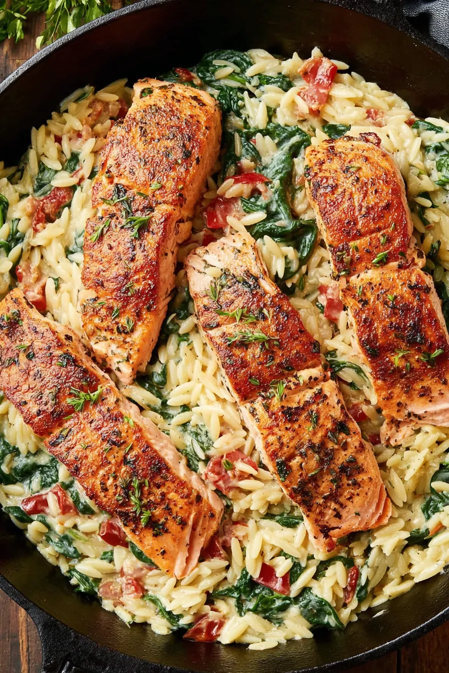 Creamy spinach orzo close-up