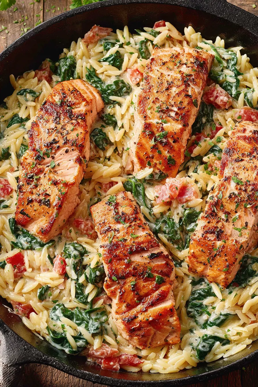 Salmon and creamy orzo in a skillet