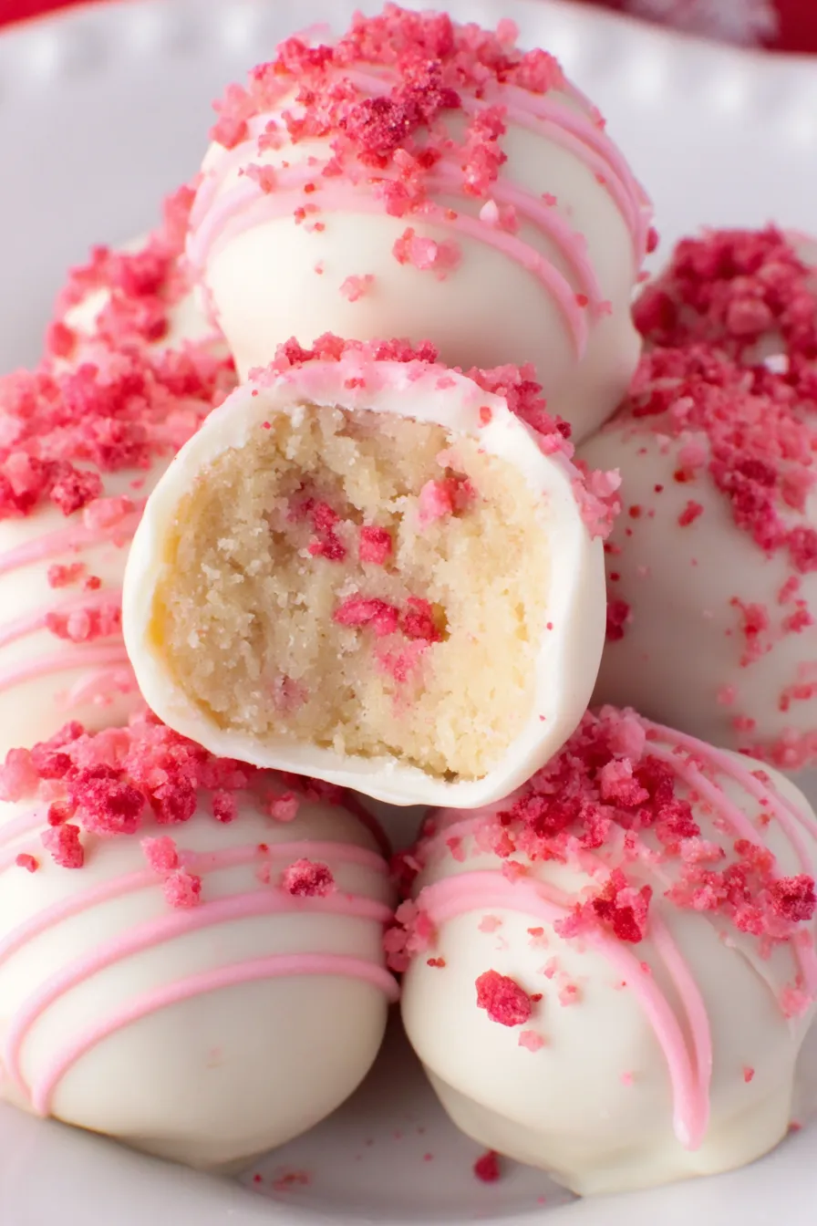 Truffles on parchment dusted with freeze dried strawberry