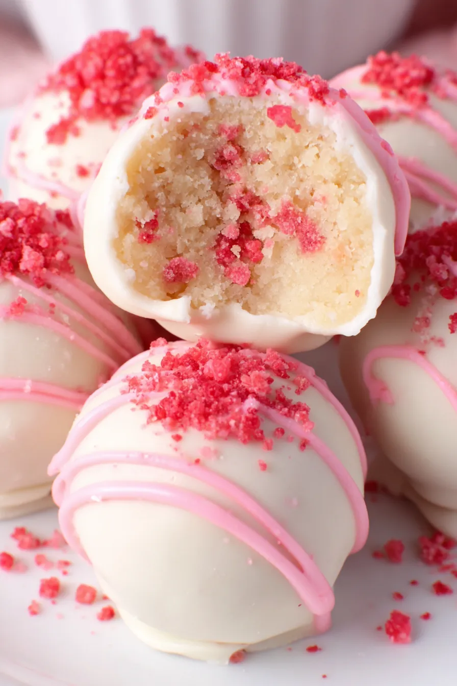 Hand holding a strawberry shortcake truffle