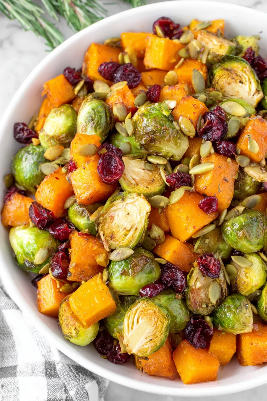 Roasted butternut squash and Brussels sprouts on a sheet pan