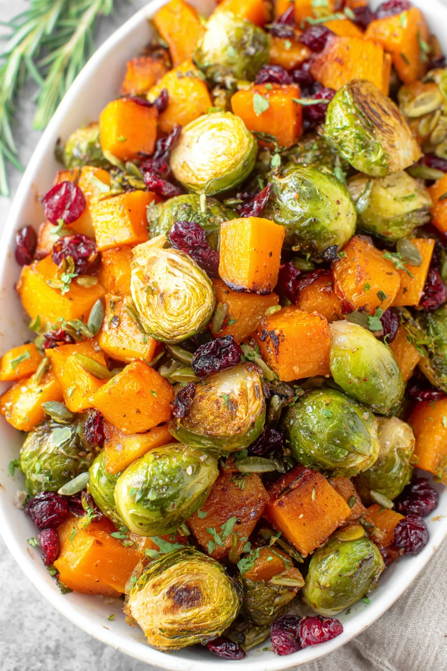Finished bowl of roasted squash and sprouts with cranberries and pumpkin seeds