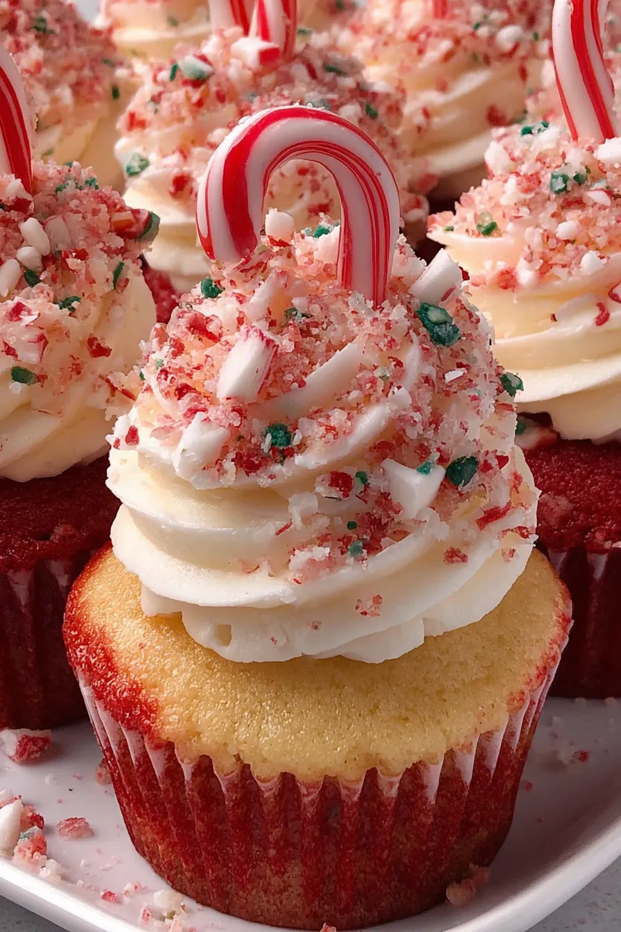 Piped peppermint frosting with candy cane garnish