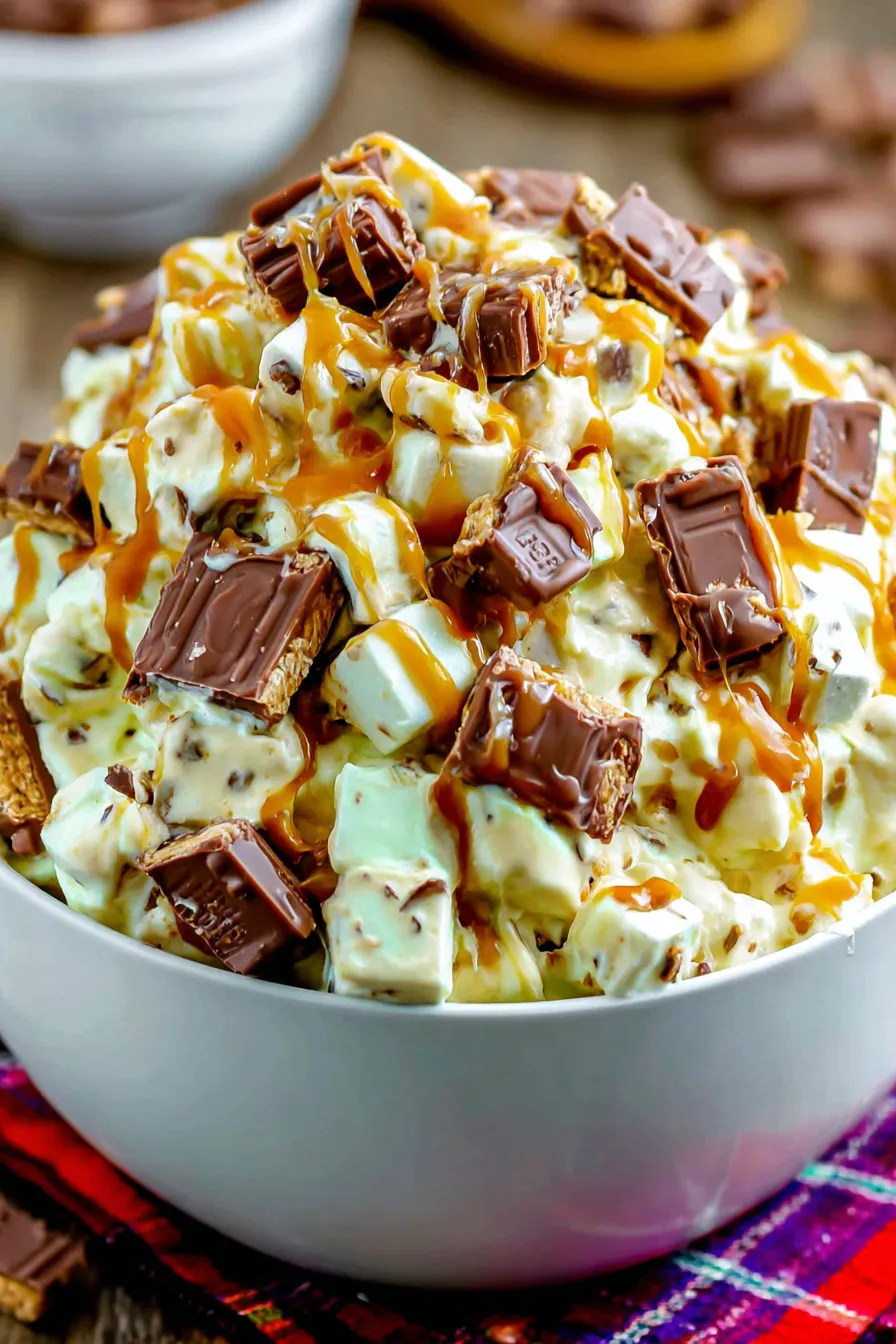 Snickers caramel apple salad in a bowl with caramel drizzle