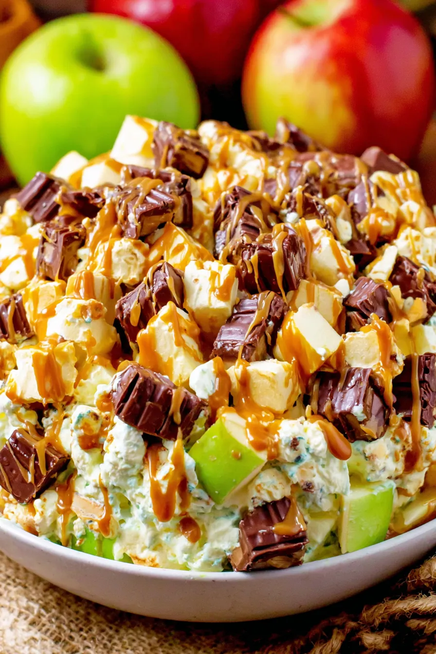 Close-up of chopped Snickers and apples