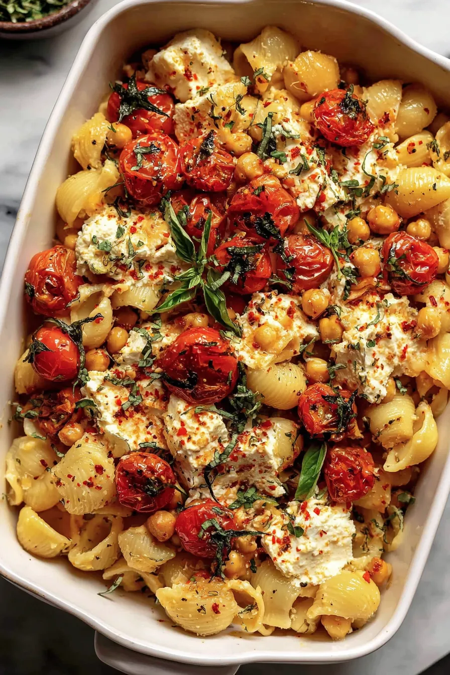 Baked feta block surrounded by roasted tomatoes and chickpeas