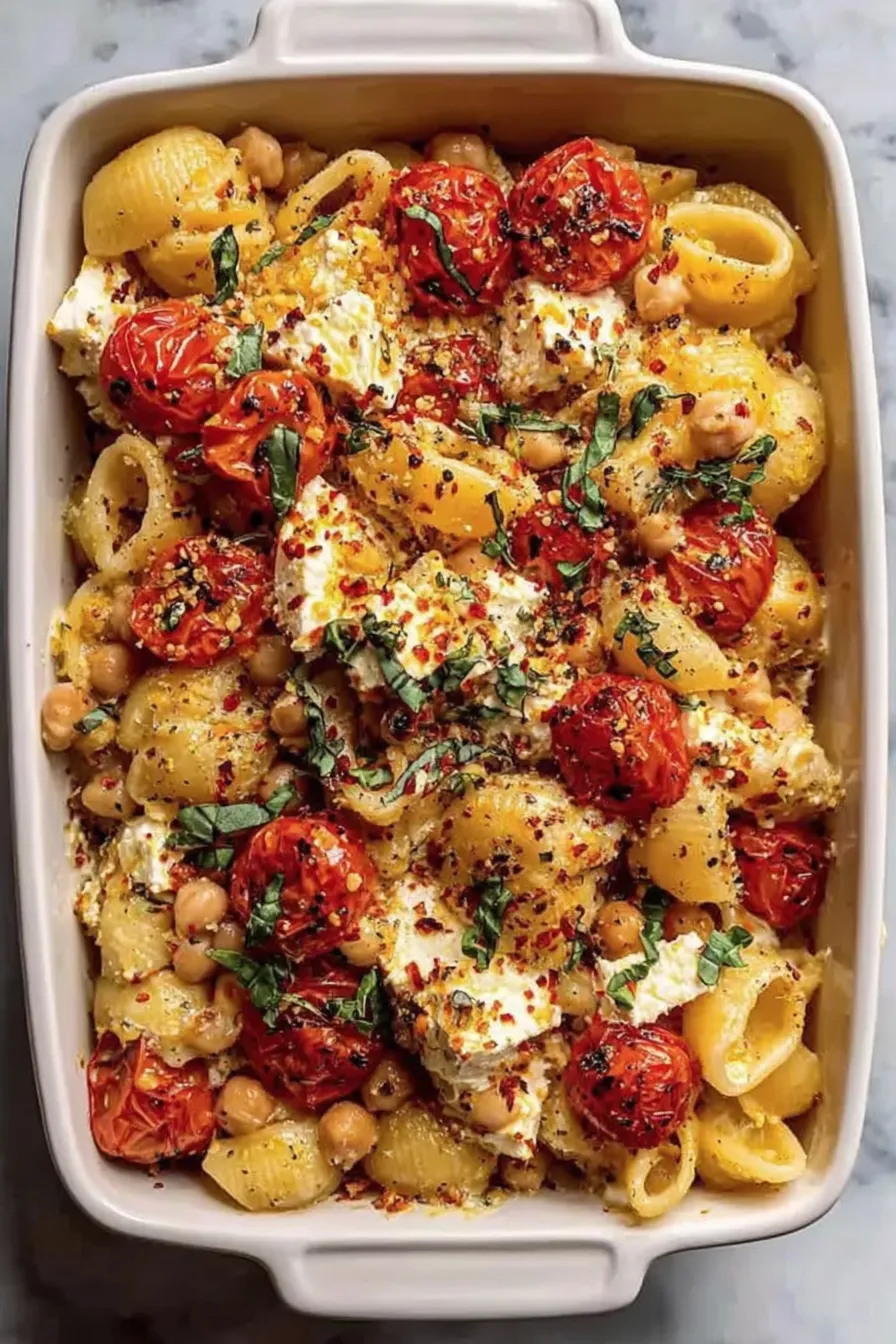 Creamy pasta tossed with basil and chickpeas