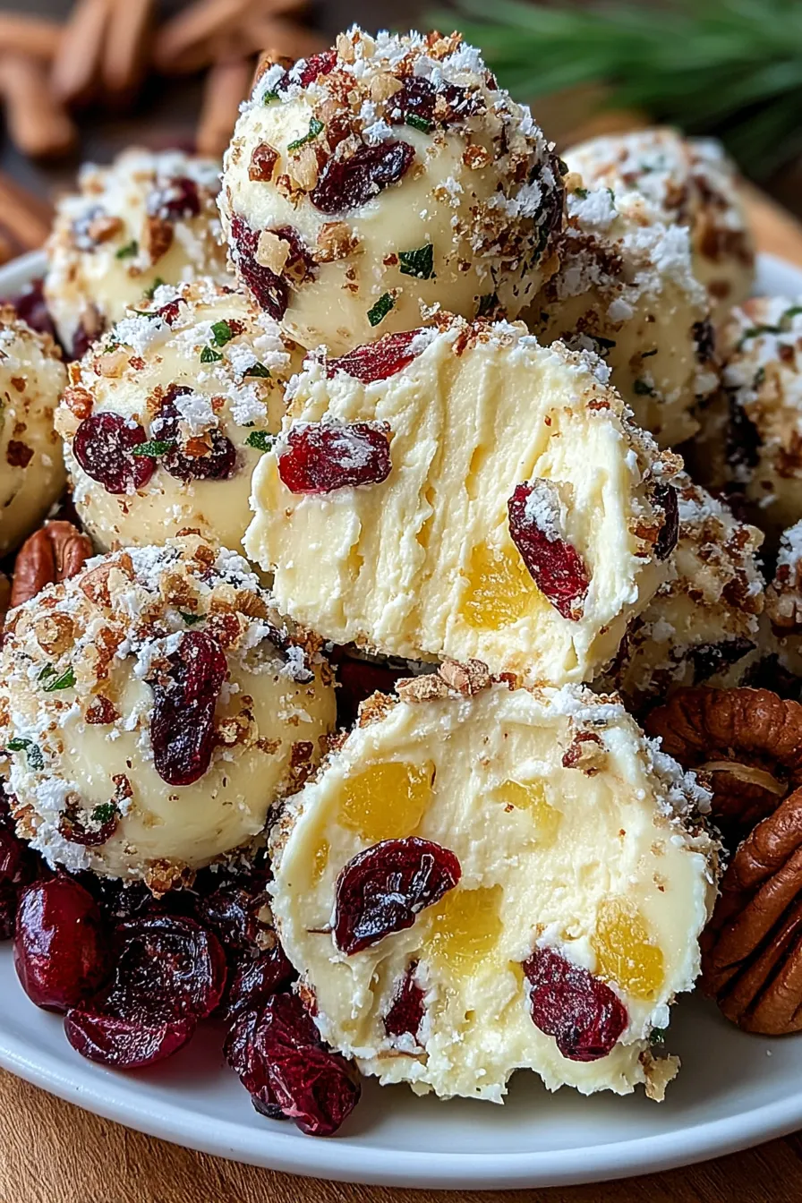 Mini pineapple cranberry cheese balls on a platter