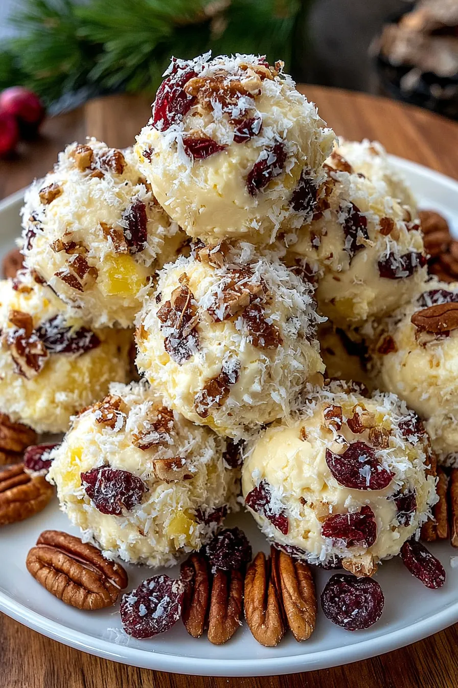 Close-up of a pecan-coated cream cheese ball