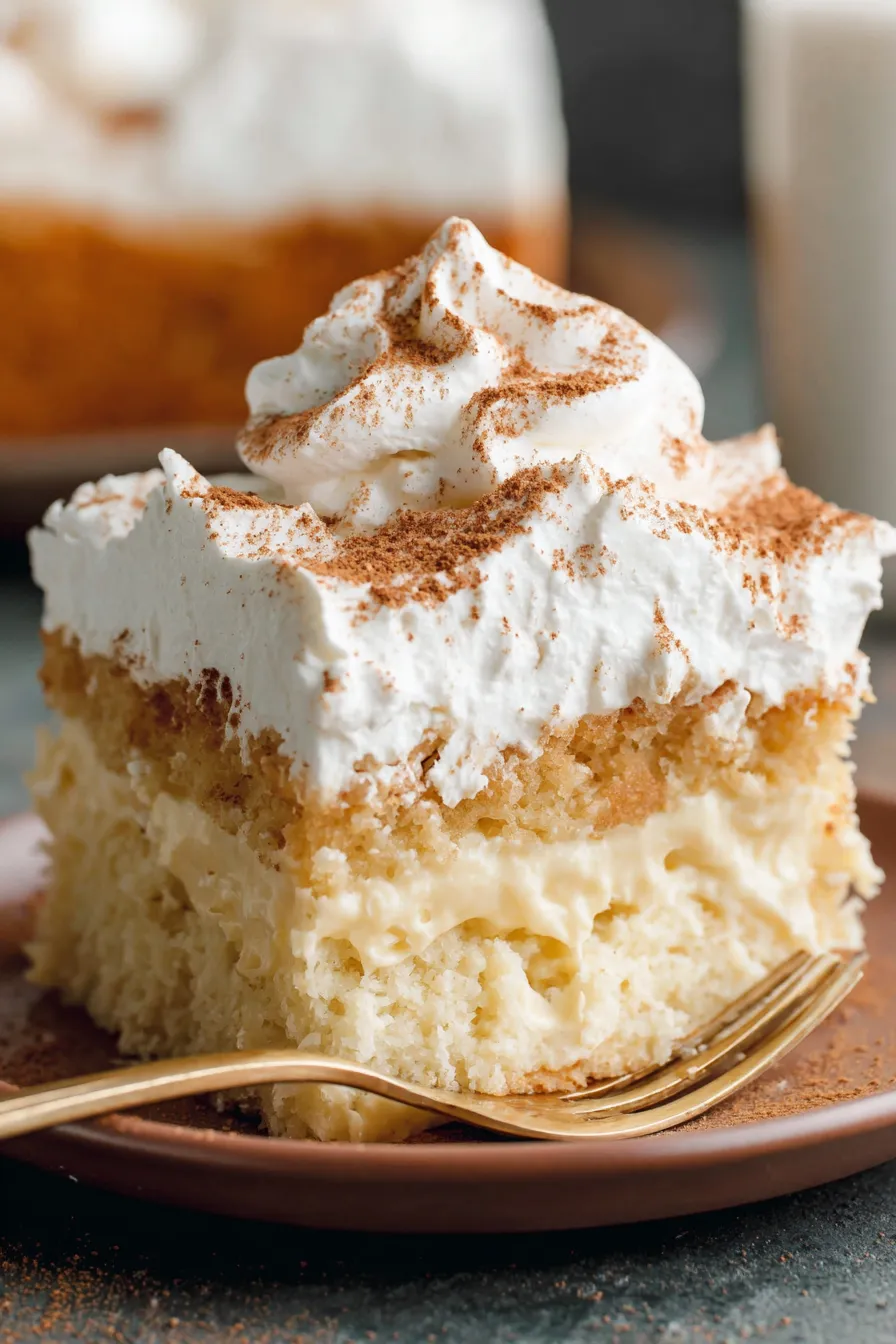 Eggnog Poke Cake finished slice with dusting