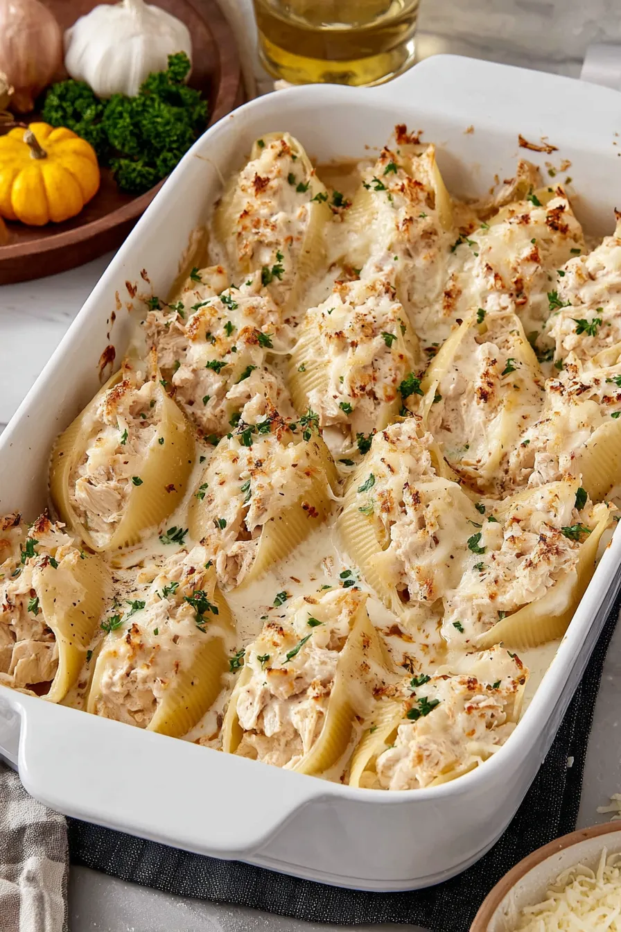 Roasted garlic and stuffed shells closeup