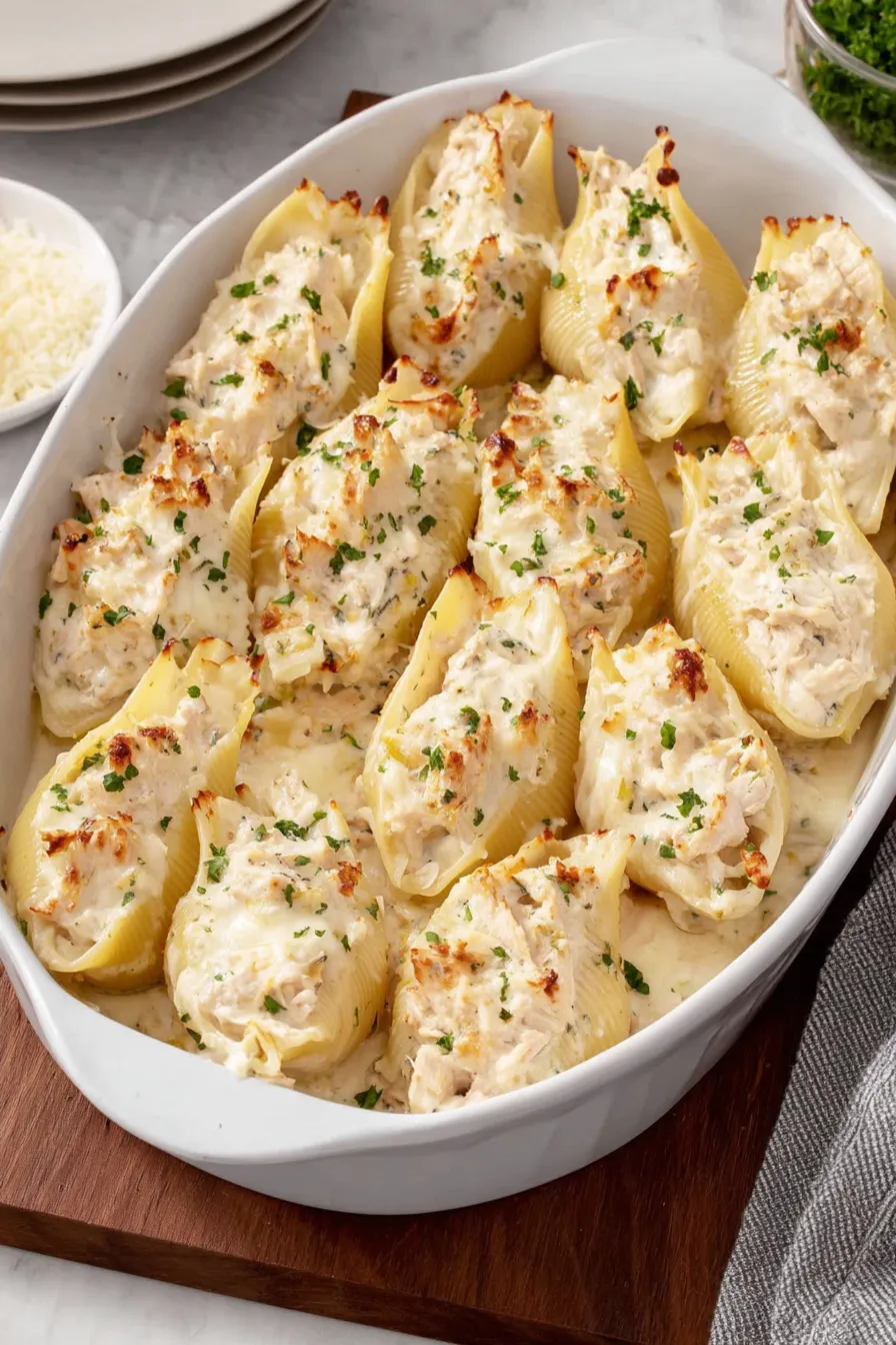 Baked stuffed shells in a casserole dish