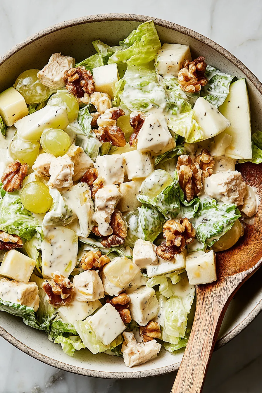 Waldorf salad in bowl with candied walnuts