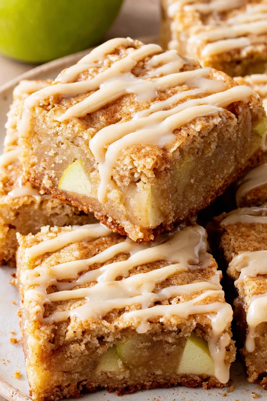 Close-up of maple-glazed apple blondie slice
