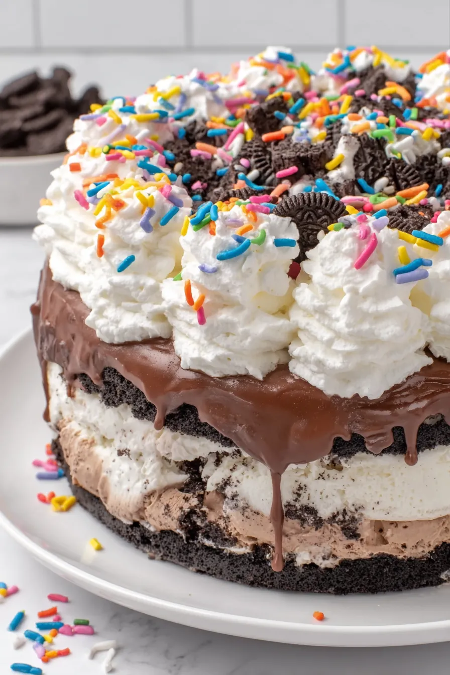 ice cream cake sliced showing chocolate and vanilla layers