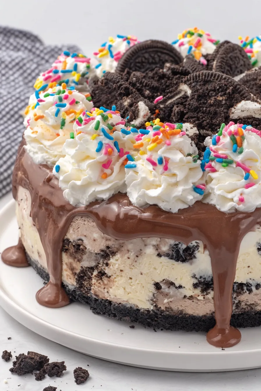 whole decorated ice cream cake with sprinkles
