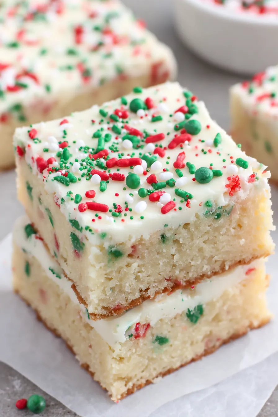 Close up of frosted sugar cookie bars with sprinkles