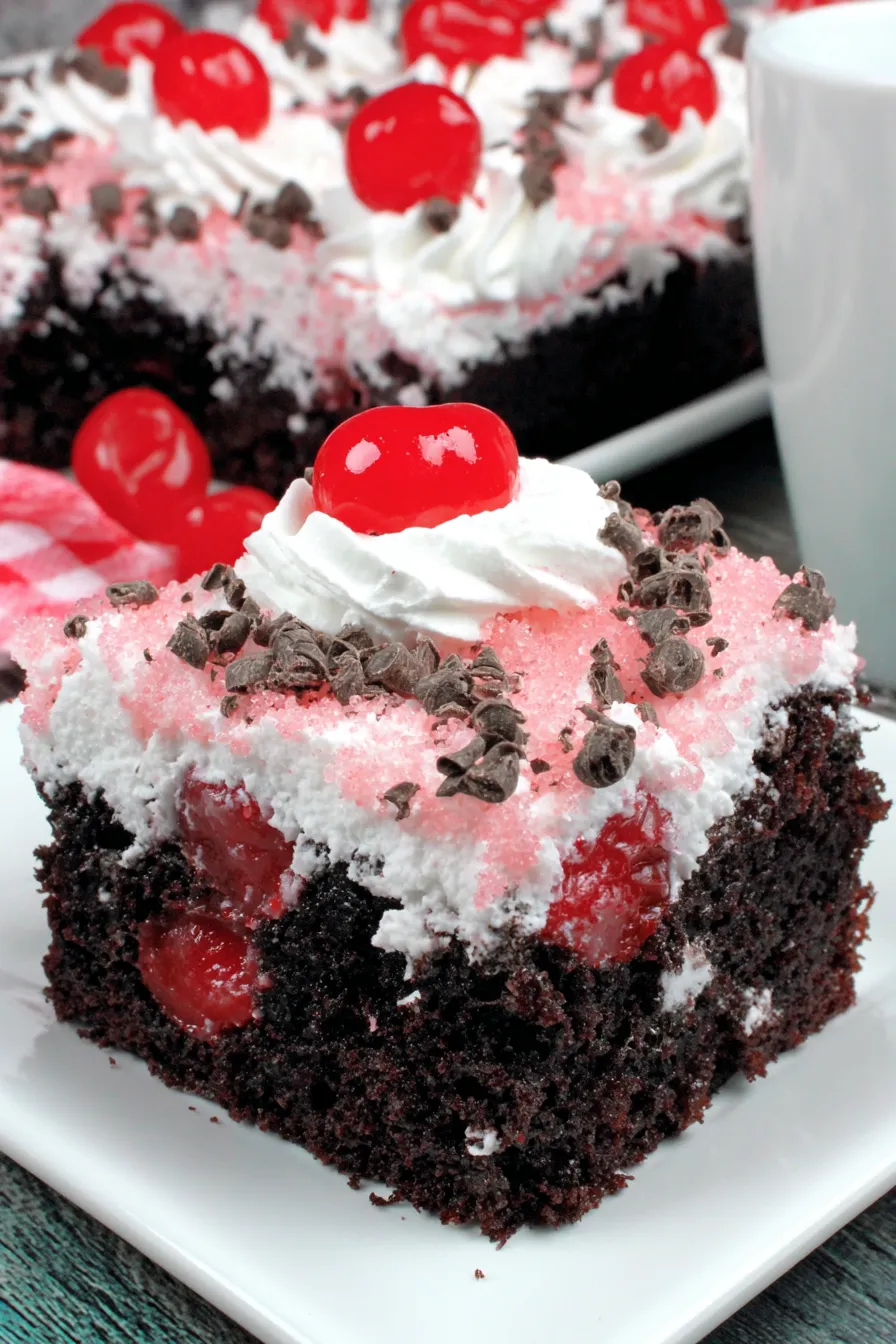 Chocolate Cherry Dr Pepper Cake on a serving plate with maraschino cherries