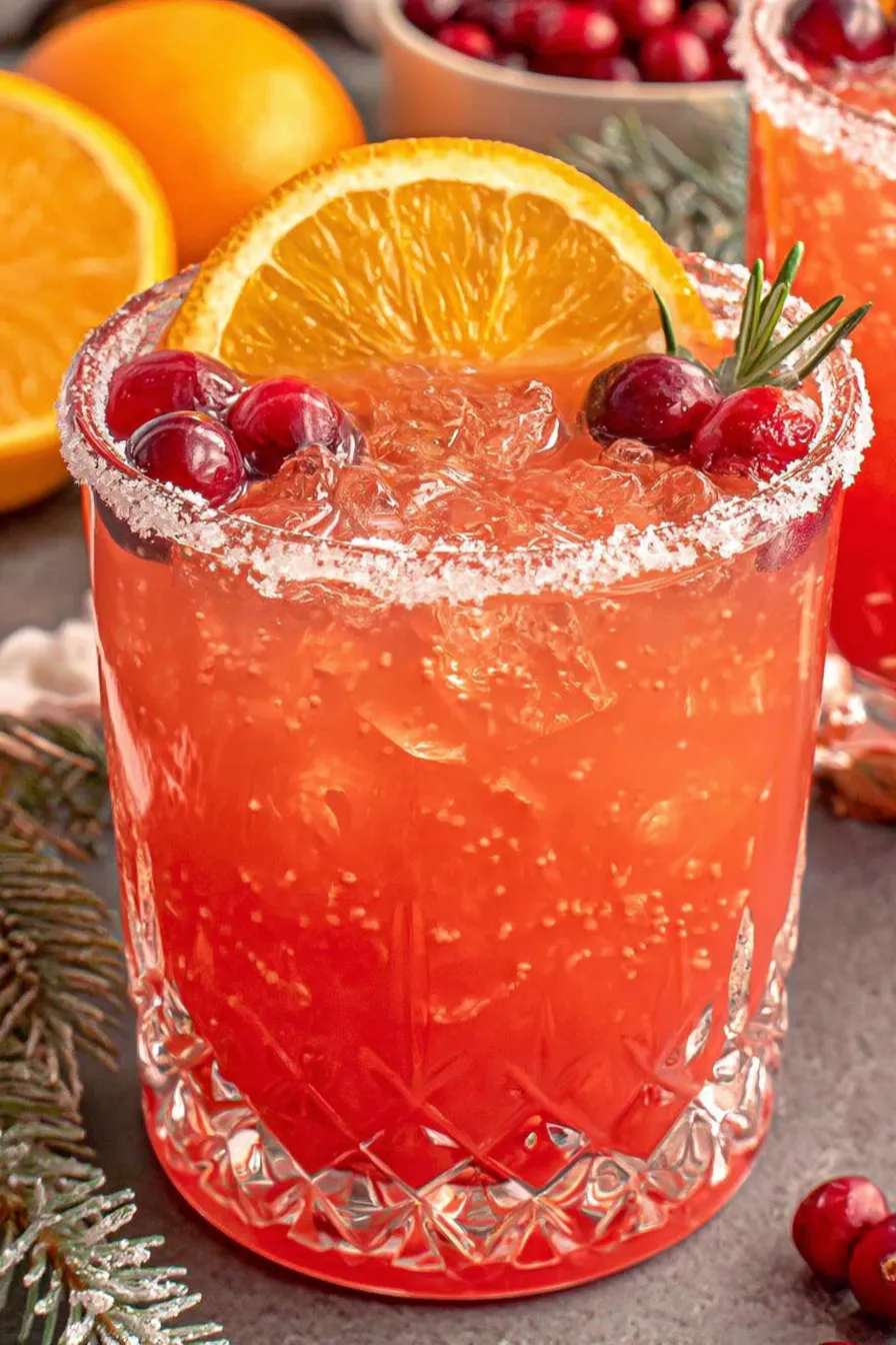 Cranberry cocktail in a glass with orange slice