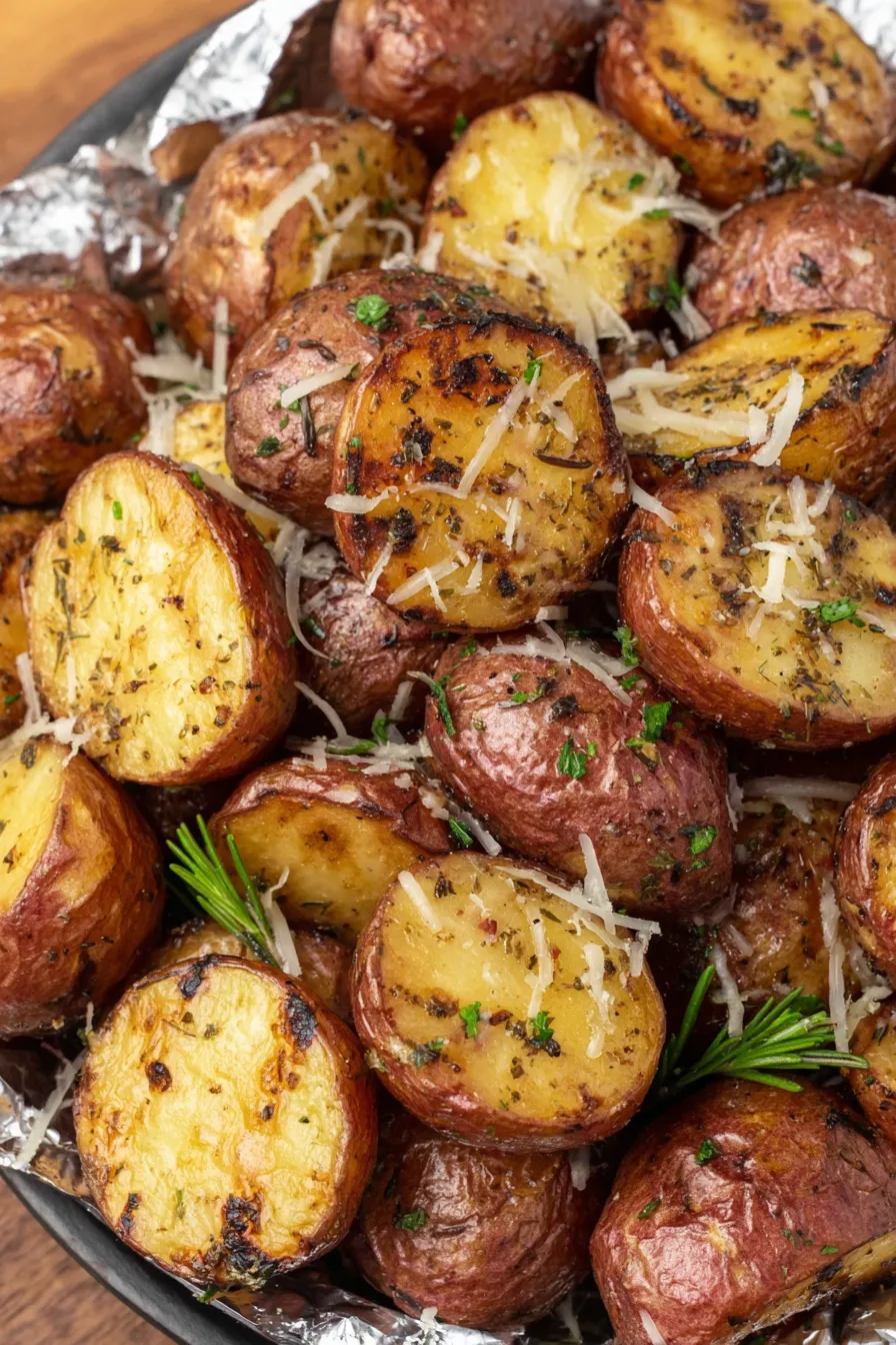 Grilled baby red potatoes in a foil packet, cut sides golden brown