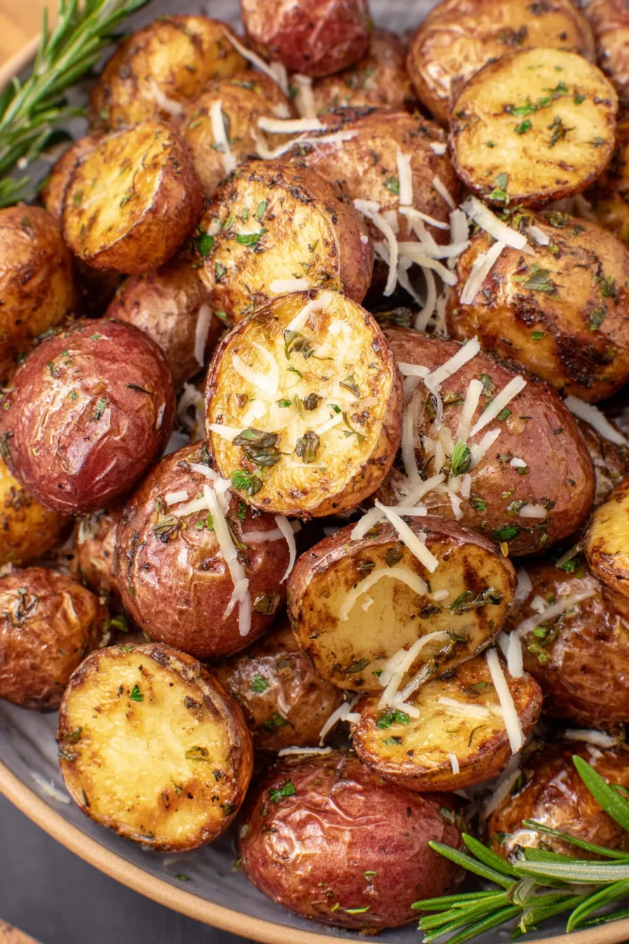 Plated grilled potatoes with parsley and parmesan garnish