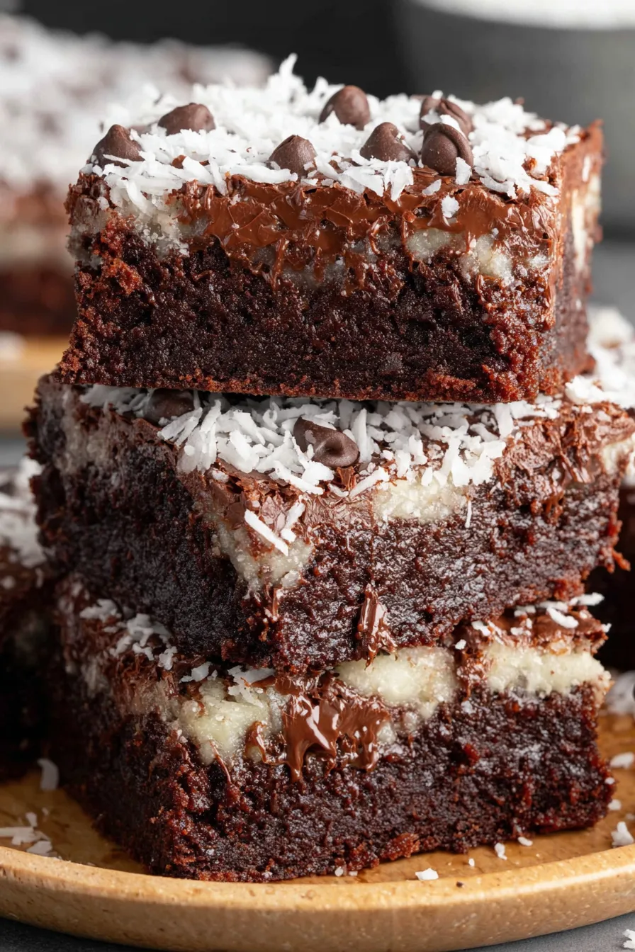 Close up of coconut filling layer between two brownie layers