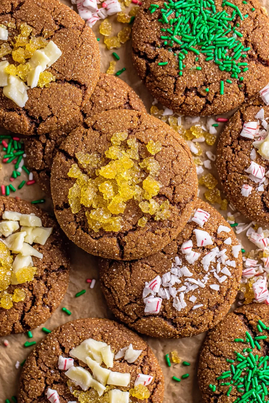 Chocolate dipped ginger molasses cookies decorated with crystallized ginger and sprinkles