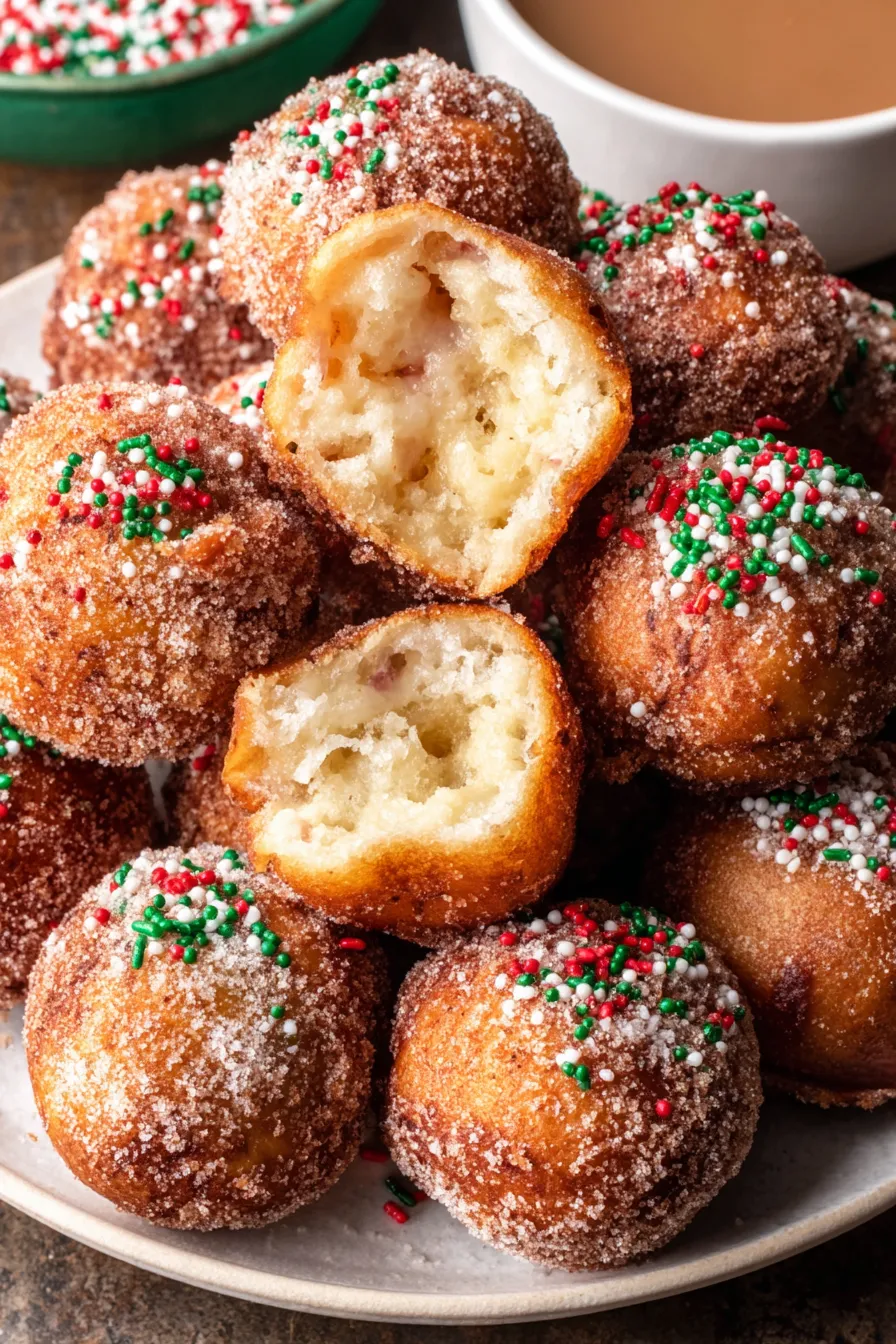 Tray of golden air fryer donut holes coated in cinnamon sugar