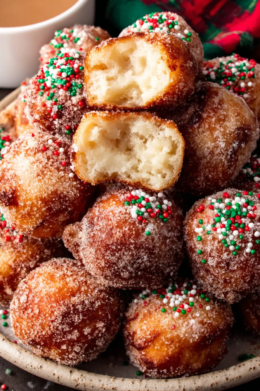 Close-up of cinnamon sugar coated donut holes with sprinkles