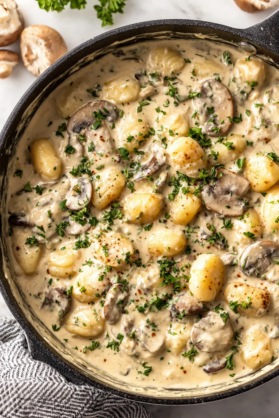 Creamy Boursin gnocchi in a skillet with mushrooms and parsley