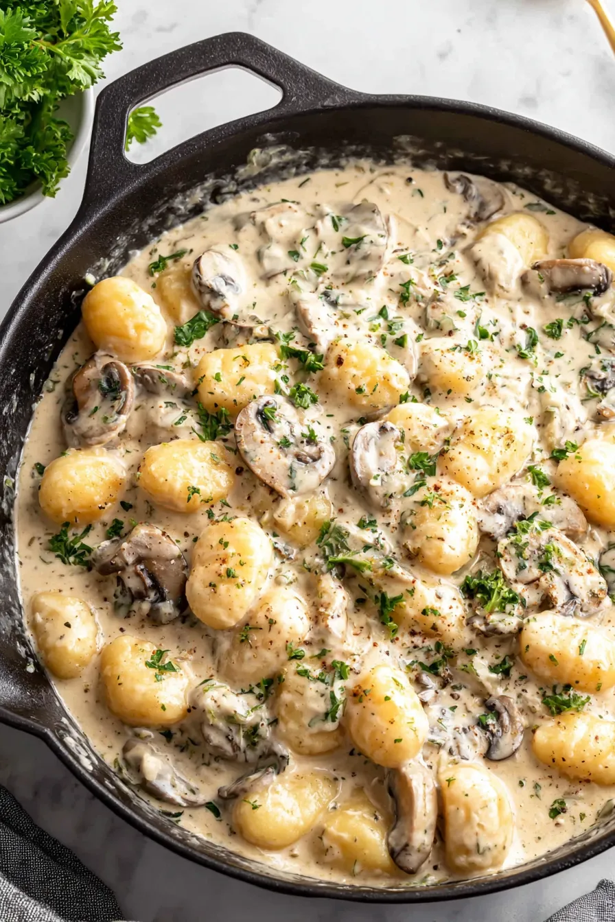 Plated creamy gnocchi with parsley garnish
