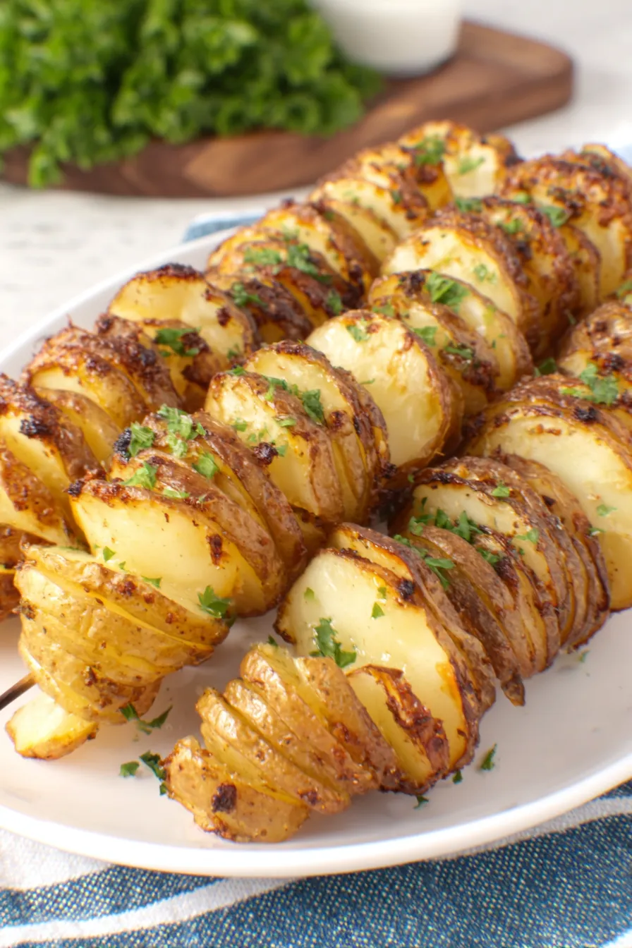 Skewered tornado potatoes in an air fryer basket