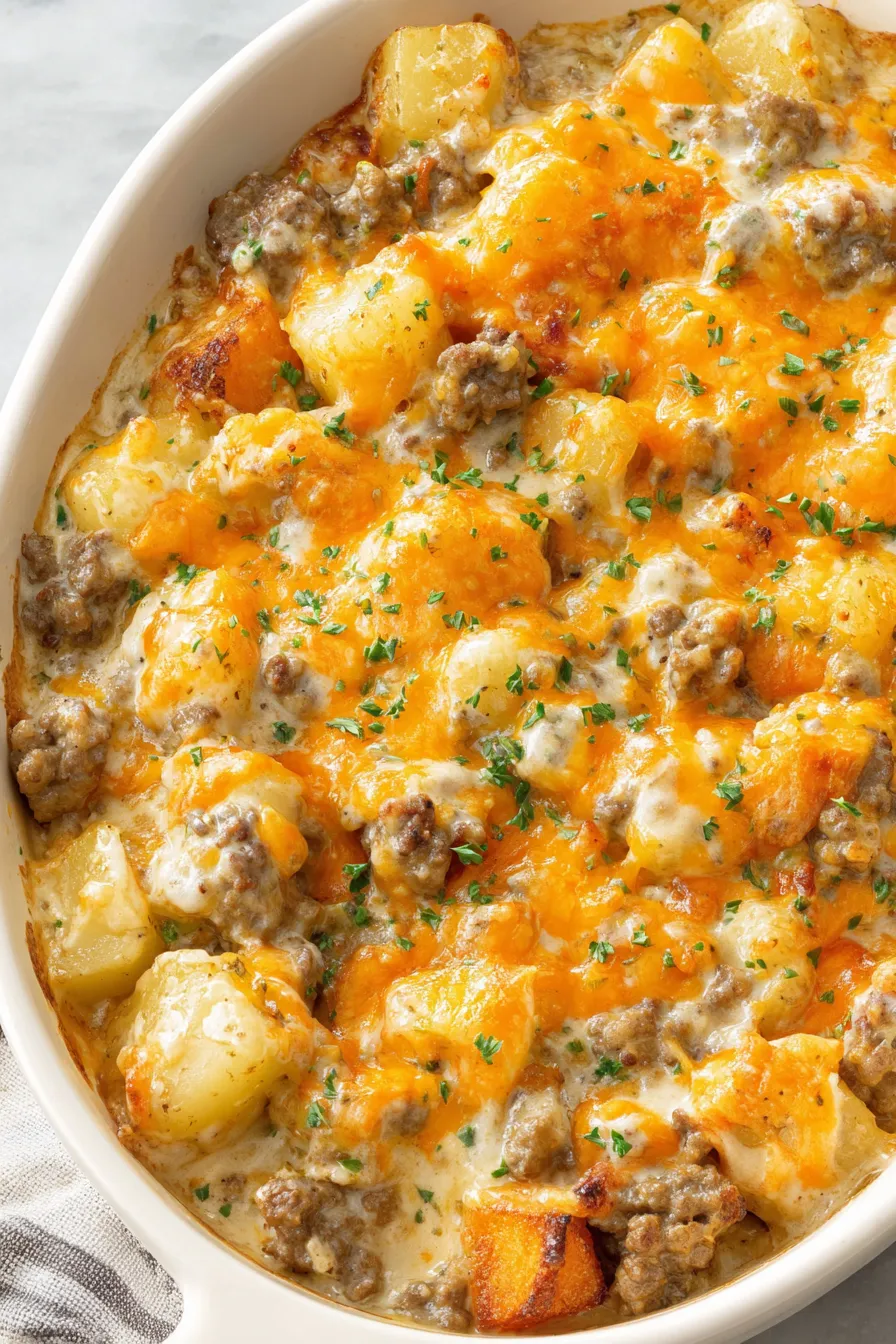 Cheesy ground beef and potato casserole fresh from the oven