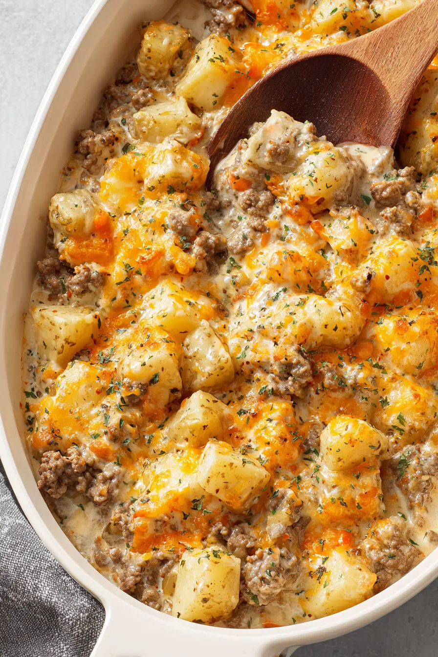 Close-up of cheesy topping on casserole