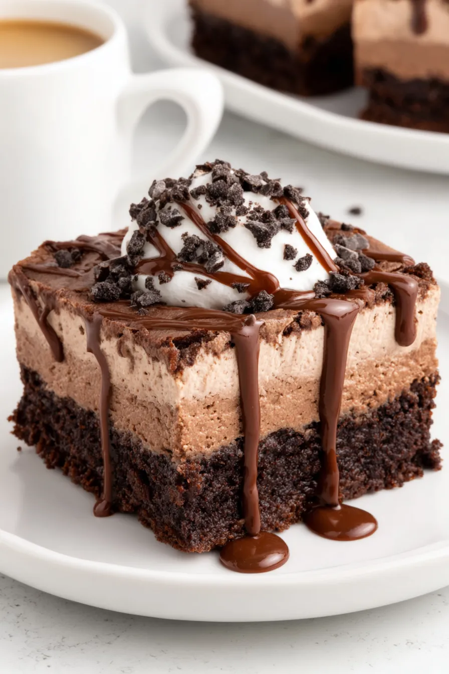 Sliced chocolate mousse brownies on a plate