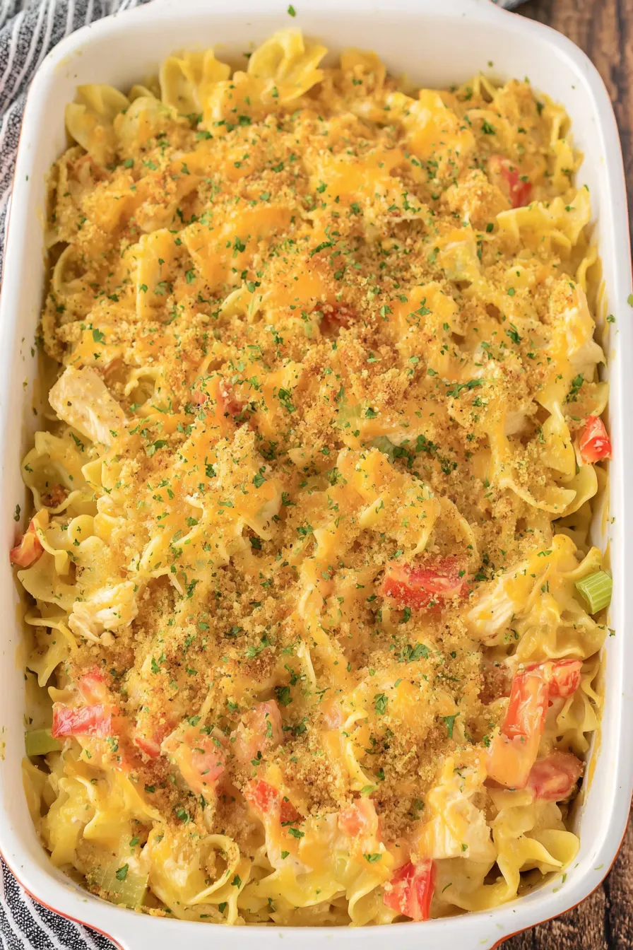 Cheesy chicken casserole fresh from the oven