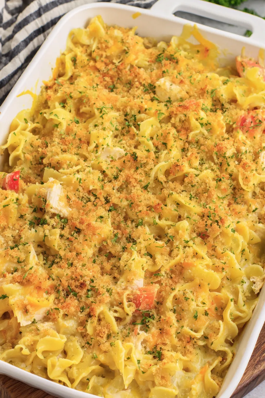 Serving of chicken casserole with golden topping