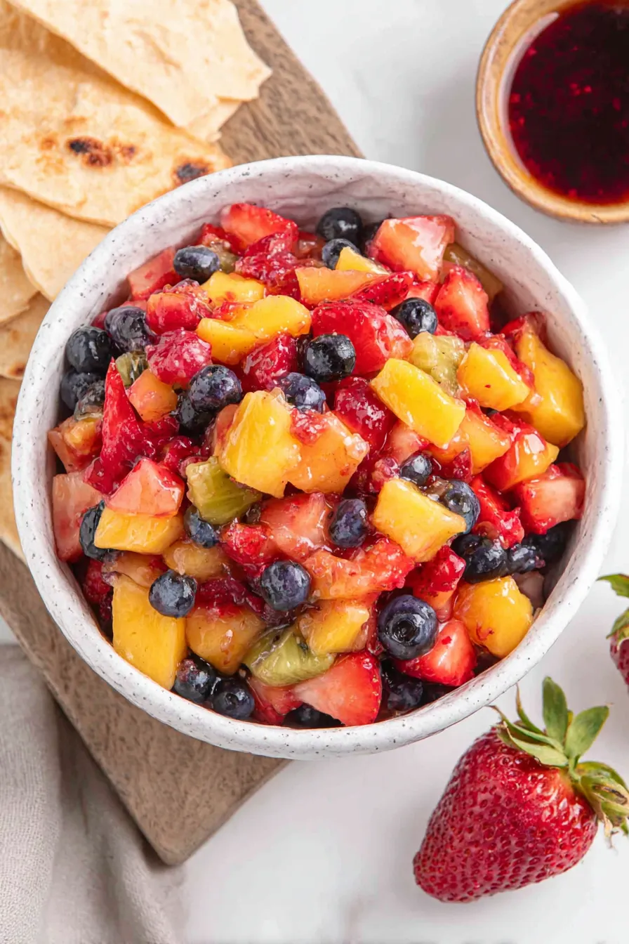 Fruit salsa in a bowl with cinnamon chips