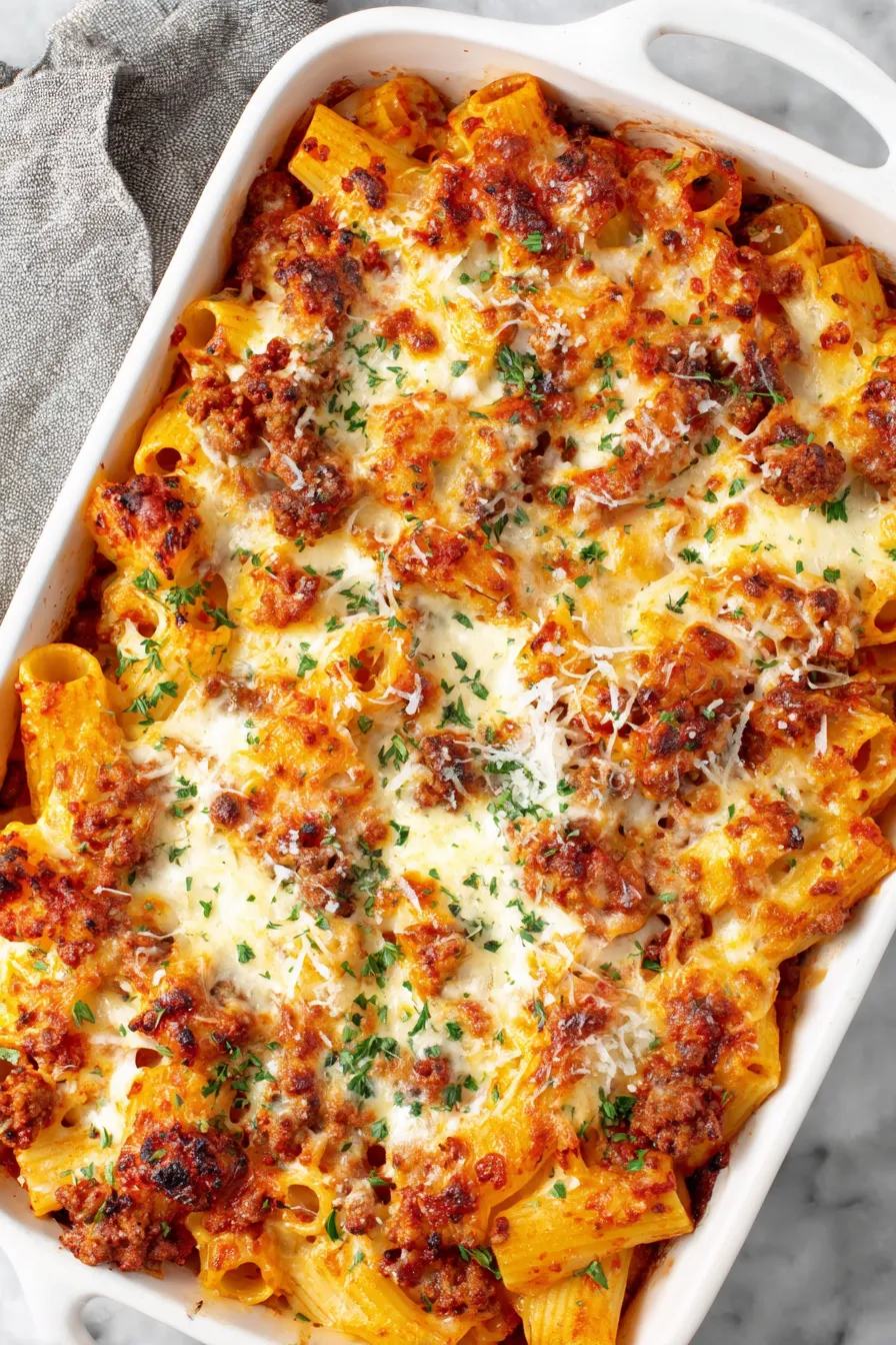 Baked rigatoni ready to serve with golden cheese