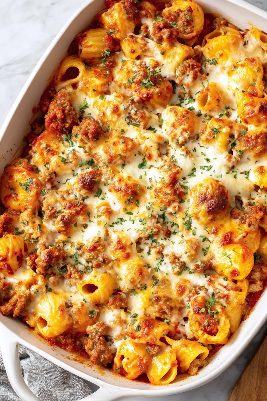 Close-up of cheesy baked rigatoni with herbs
