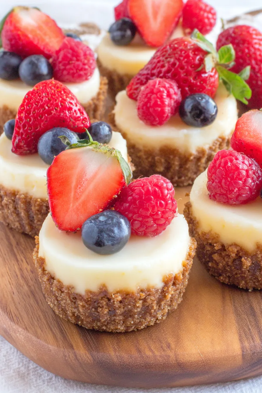 Close up of a single mini cheesecake topped with berries