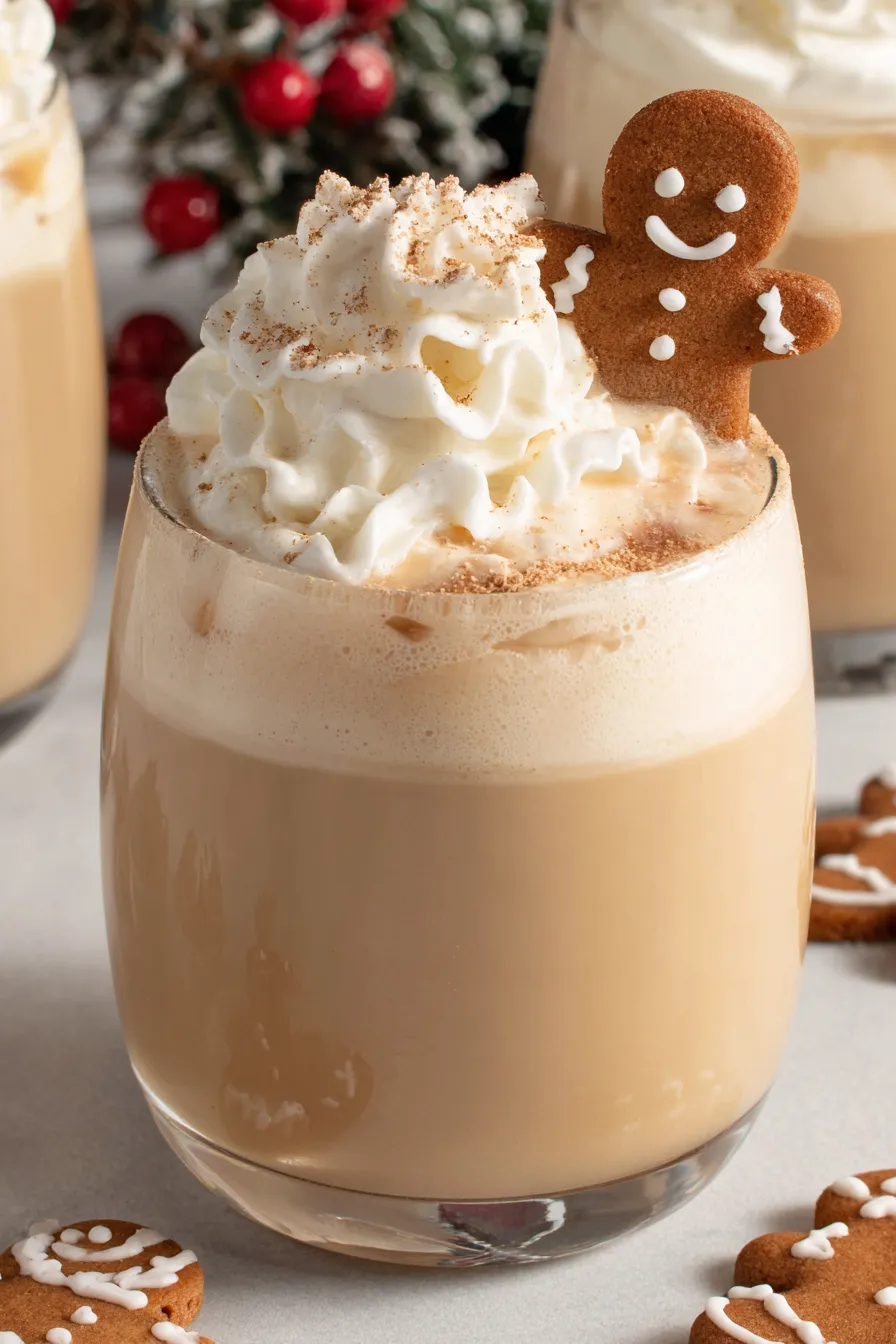 Gingerbread cocktail in martini glass with whipped cream and gingerbread man