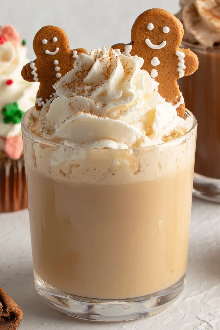 Top-down view of gingerbread cocktail with whipped cream and cinnamon