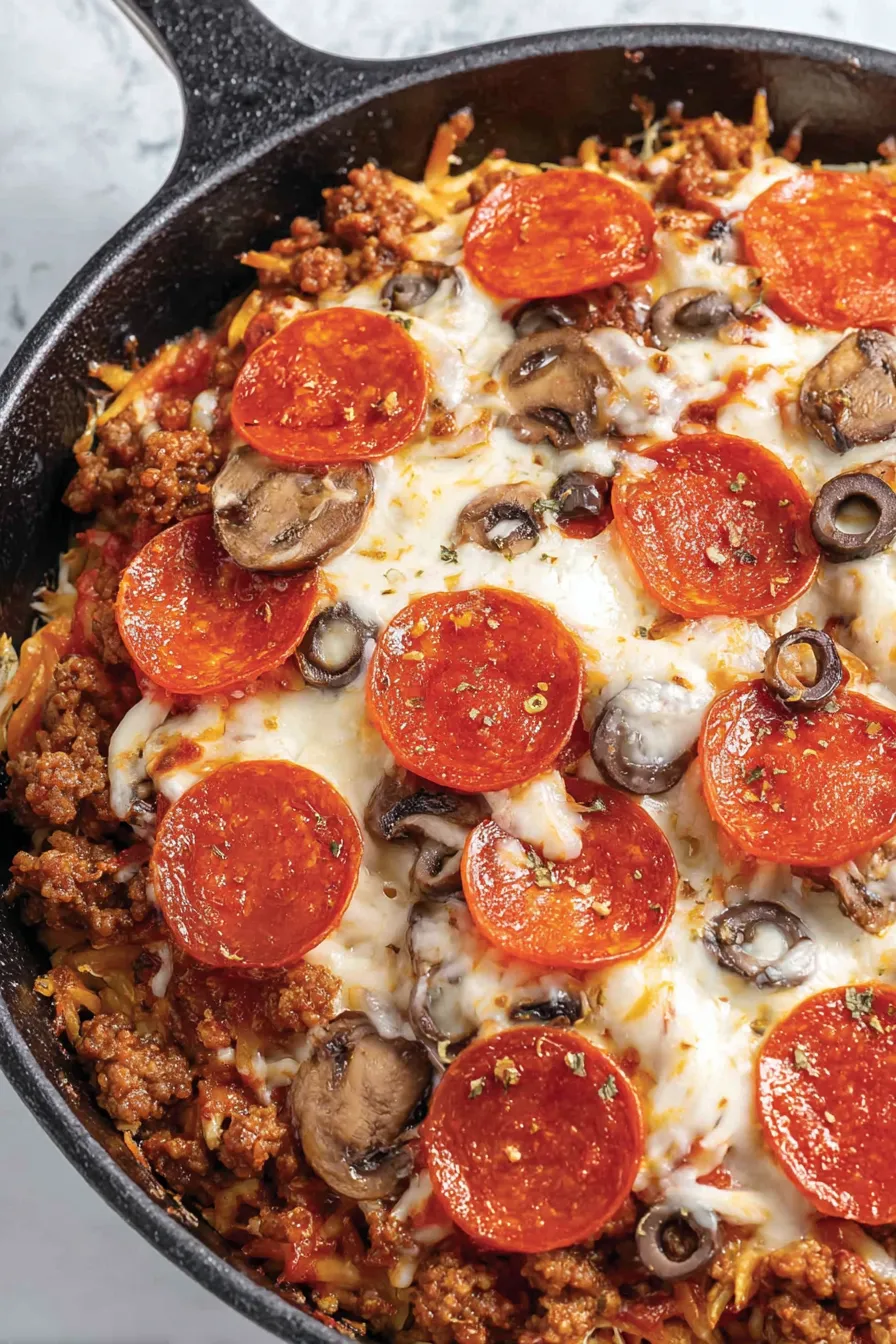 Slice of crustless pizza being lifted with spatula from skillet