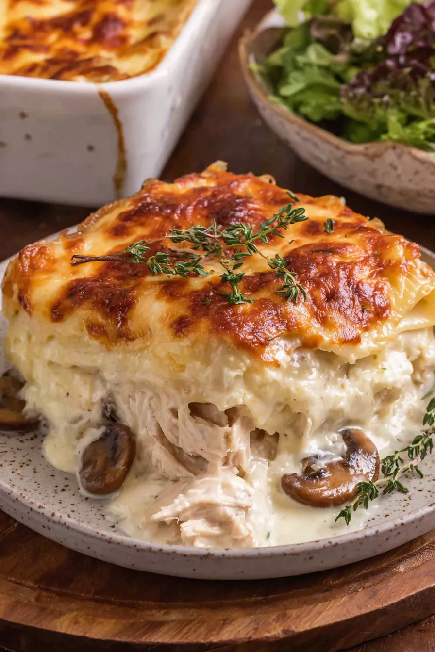 Layered white chicken lasagna in a baking dish, bubbling with cheese