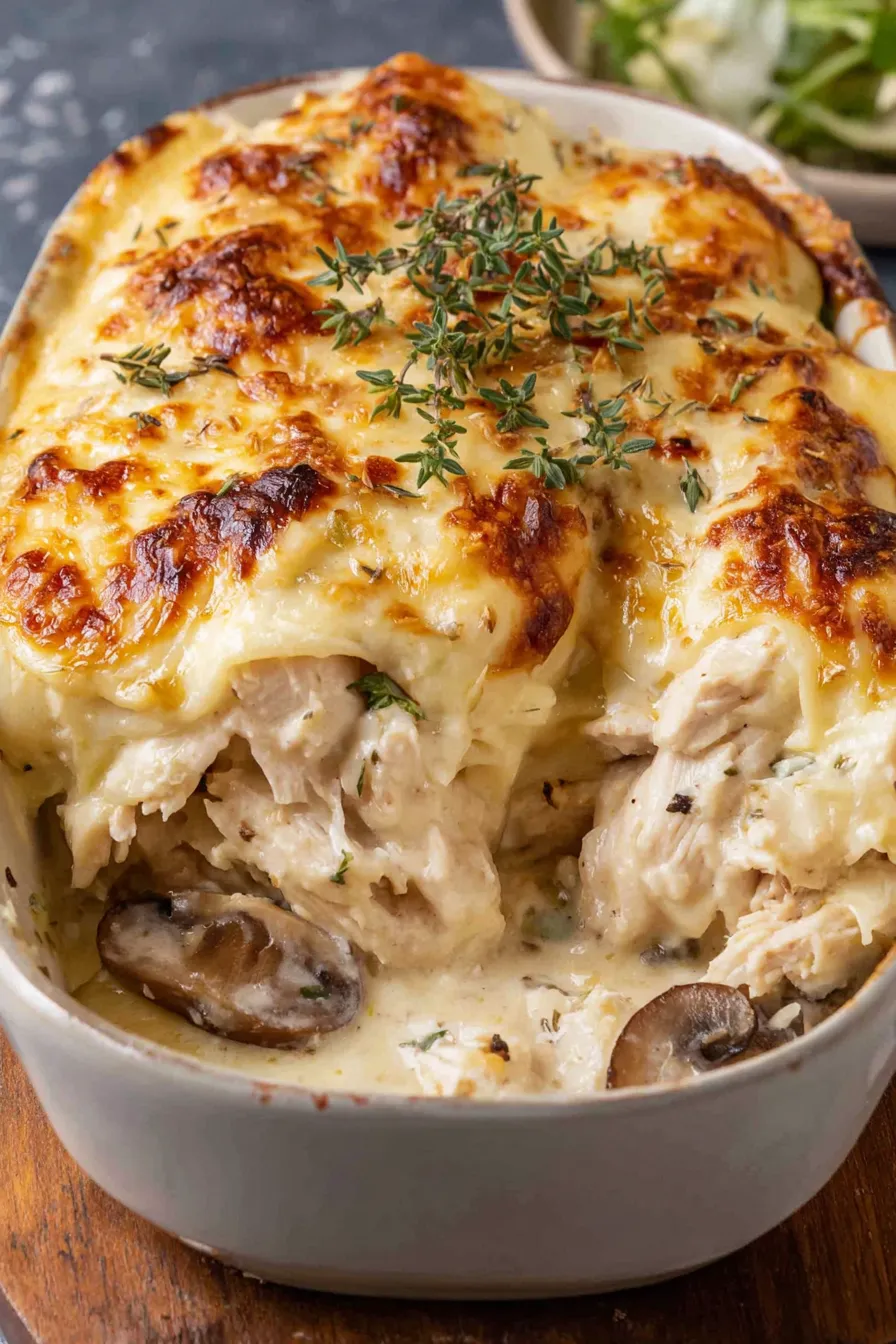 Slices of white chicken lasagna plated with parsley garnish